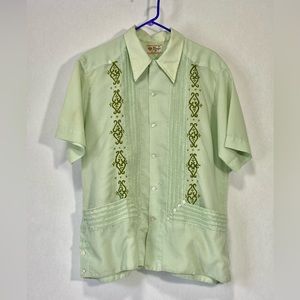 Mens vintage Mexican wedding button down shirt large green